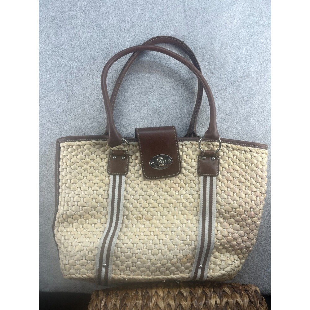 Chaps Large Tote Beige Woven Double Handles Brown Lined Turn Lock